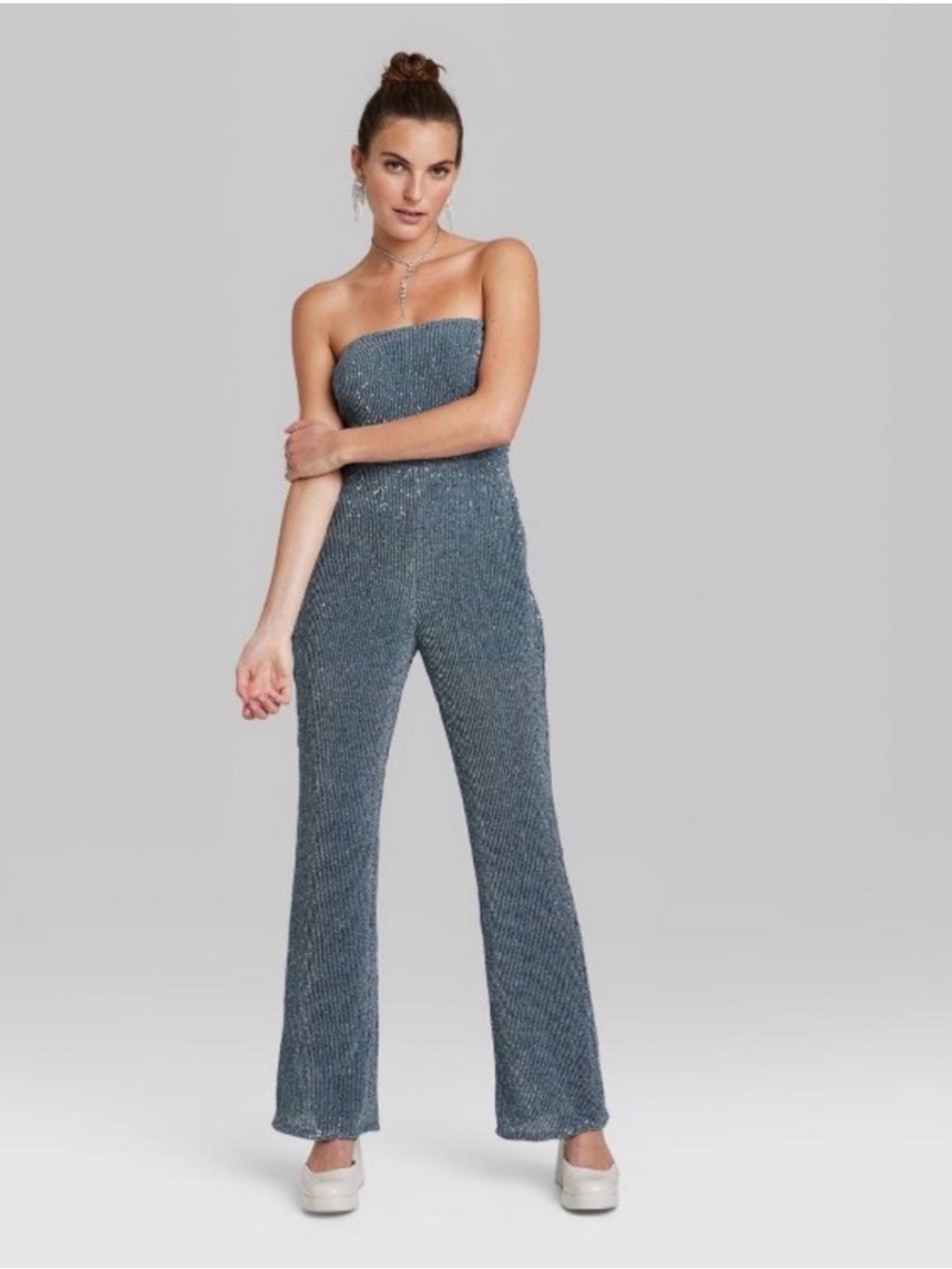 Wild Fable blue strapless sequin mesh wide-leg jumpsuit featuring all-over shim